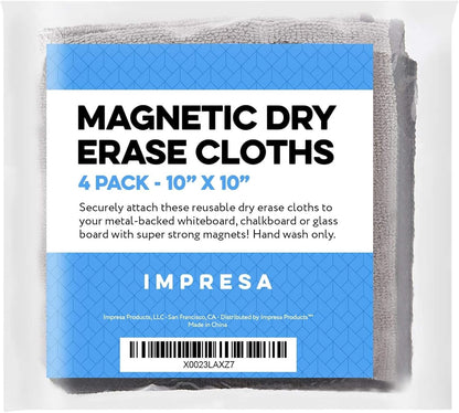 Impresa Magnetic Microfiber Dry Erase Cloth Erasers - 10 in x 10 in, 4-Pack, White, Reusable & Washable - Strong Magnet Grip for Whiteboards & More - Teacher Supplies & Classroom Must Haves