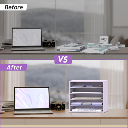 SUPEASY Wood Desk Organizer, 5 Tier Paper File Organizer for Desk, Wooden Desktop Organizer, Paper Letter Literature Mail Sorter, for Office School & Home Organization, Purple