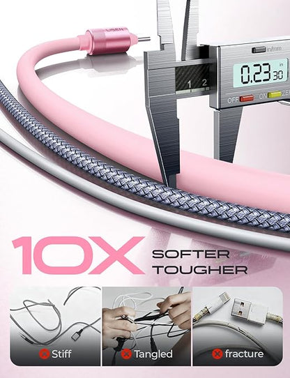 LISEN for iPhone Air 17 Charger Cord USB Cable 10FT, Chubby 100W Soft Silicone USB C to USB C Fast Charging Cable, Long USBC to USBC for iPhone 17 16 15, Samsung S25, MacBook Pro/Air, iPad, Pink