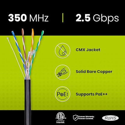 trueCABLE Cat5e Outdoor, Unshielded UTP, 1000ft, UV Resistant, CMX Rated, Black, 24AWG Solid Bare Copper, 350MHz, PoE++ (4PPoE), ETL Listed, Bulk Ethernet Cable