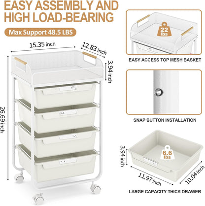 Rolling Utility Storage Cart with 4 Drawers - 4 Tiers Rolling Cart Craft Cart, Storage Drawer Cart Organizer for Craft Room Office Bedroom Classroom with Mesh Top & 4 PCS DIY Lable, White