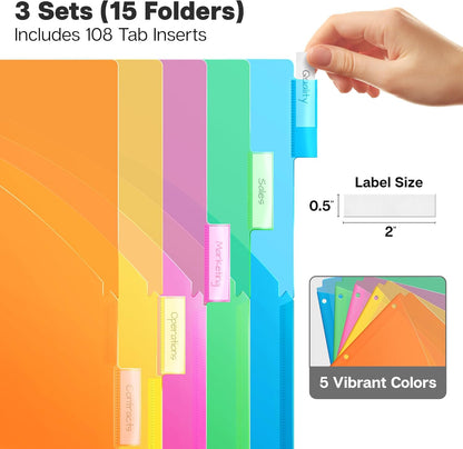 Dunwell 5-Tab Dividers with Pocket for 3-Ring Binders (3 Sets, 15 Count), Plastic One Pocket Dividers with Tabs, Slash File Jackets 3 Hole Punched for 8.5x11 Paper, Poly Pocket Notebook Dividers