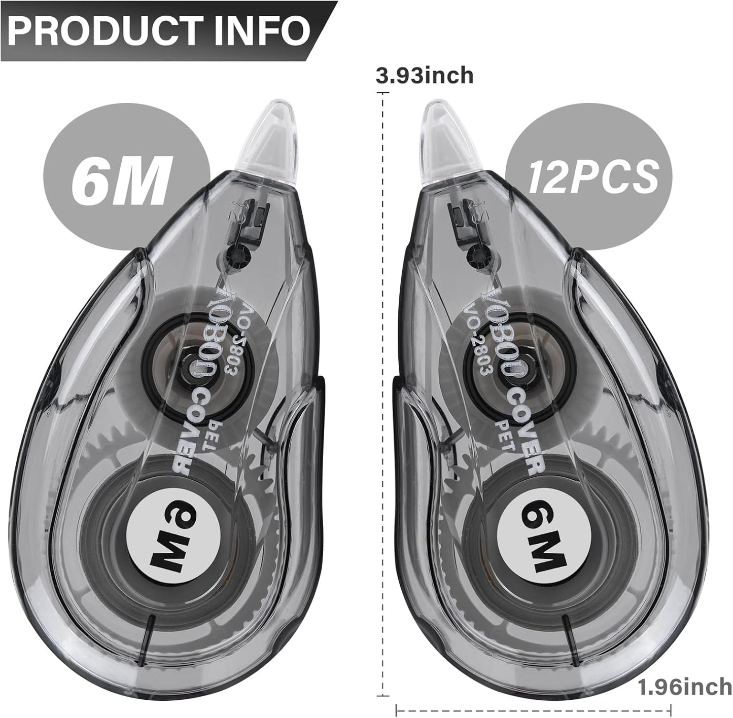White Correction Tape Dispenser, Easy To Use Applicator for Instant Corrections, For school, Office (Black, 12pack, 6M/256, Tape Width 0.2in)