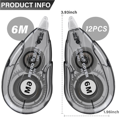 White Correction Tape Dispenser, Easy To Use Applicator for Instant Corrections, For school, Office (Black, 12pack, 6M/256, Tape Width 0.2in)