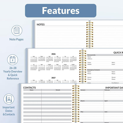 SUNEE 2026 Weekly and Monthly Planner - from January 2026 - December 2026, 8.5"x11" Daily Agenda Planner with Monthly Tab, Flexible Cover, Note Pages, Pockets, Bookmark, Spiral Binding, Gray Blue
