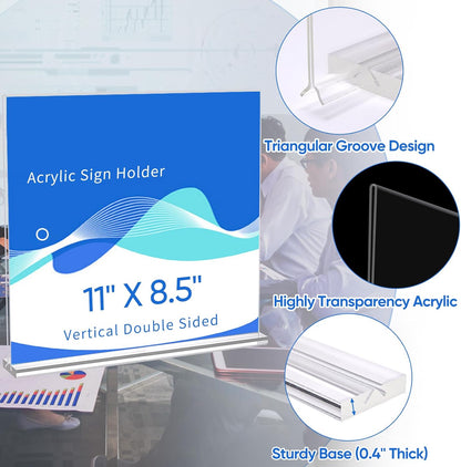 Acrylic Sign Holder 11 x 8.5, Horizontal 6 Pack Clear Double Side T Shape Acrylic Table Sign Stands for Displaying, Flyer Holder Paper Card Holder for Office Business Store Restaurants