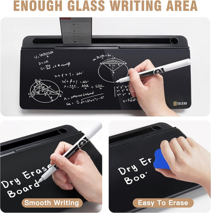 SELEAD Desktop Glass Whiteboard with Organizer, Markers, Eraser - Dry Erase Board Computer Pad Keyboard Stand with Drawer and Holder for Home, School, Office - Black