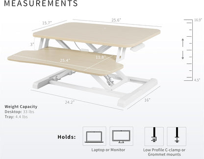 VIVO 26 inch Desk Converter, K Series, Height Adjustable Sit to Stand Riser, Dual Monitor and Laptop Workstation with Keyboard Tray, Light Wood Top, White Frame, DESK-V026KF