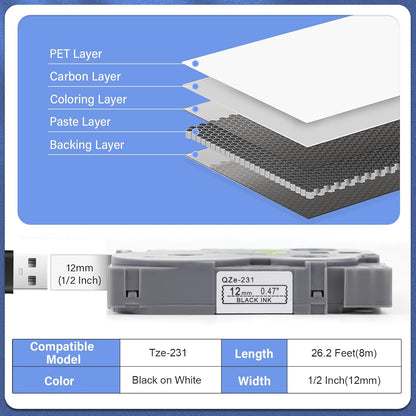 10 PK TZE-231 Compatible Label Tape Replacement for Brother TZe-231 TZ-231 Laminated P-Touch Label Maker Tape, Black on White, for PT-D200 PT-D210 PTH100 PT-D400, 0.47" x 26.2'