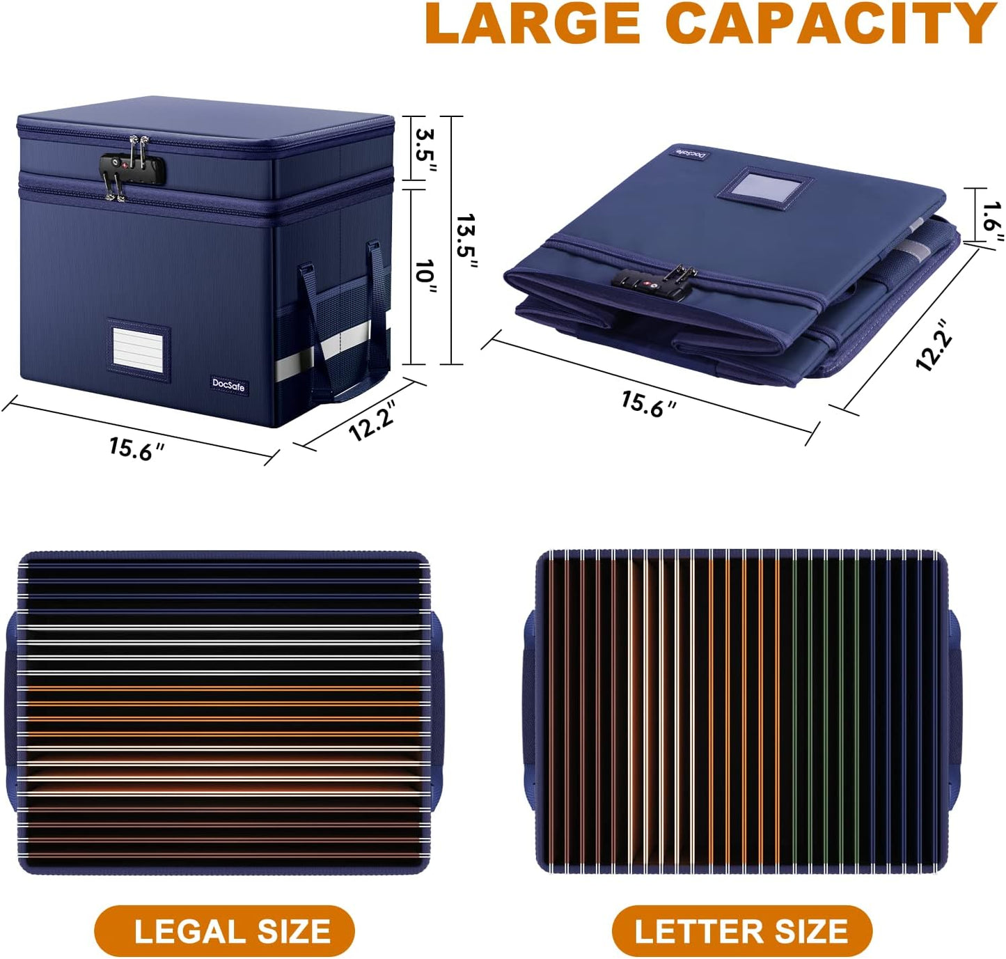 DocSafe File Box with Lock,Multi-Layer Fireproof Document Box Collapsible File Storage Organizer with Pockets/Handle,Large Portable Home Office Filing Safe for Hanging Letter/Legal Size Folders,Blue