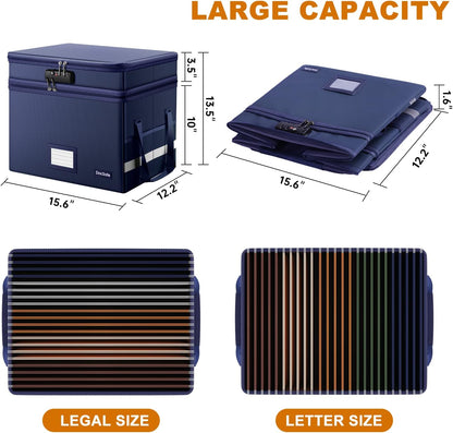 DocSafe File Box with Lock,Multi-Layer Fireproof Document Box Collapsible File Storage Organizer with Pockets/Handle,Large Portable Home Office Filing Safe for Hanging Letter/Legal Size Folders,Blue