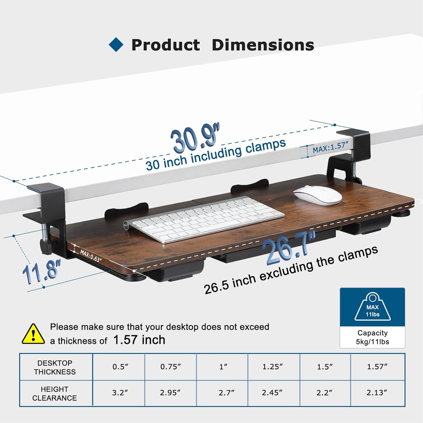 Keyboard Tray Under Desk with Drawer,26.77" X 11.81"Large Size Keyboard Tray with C Clamp-on Mount, Easy to Install, for Home Office (Mahogany)