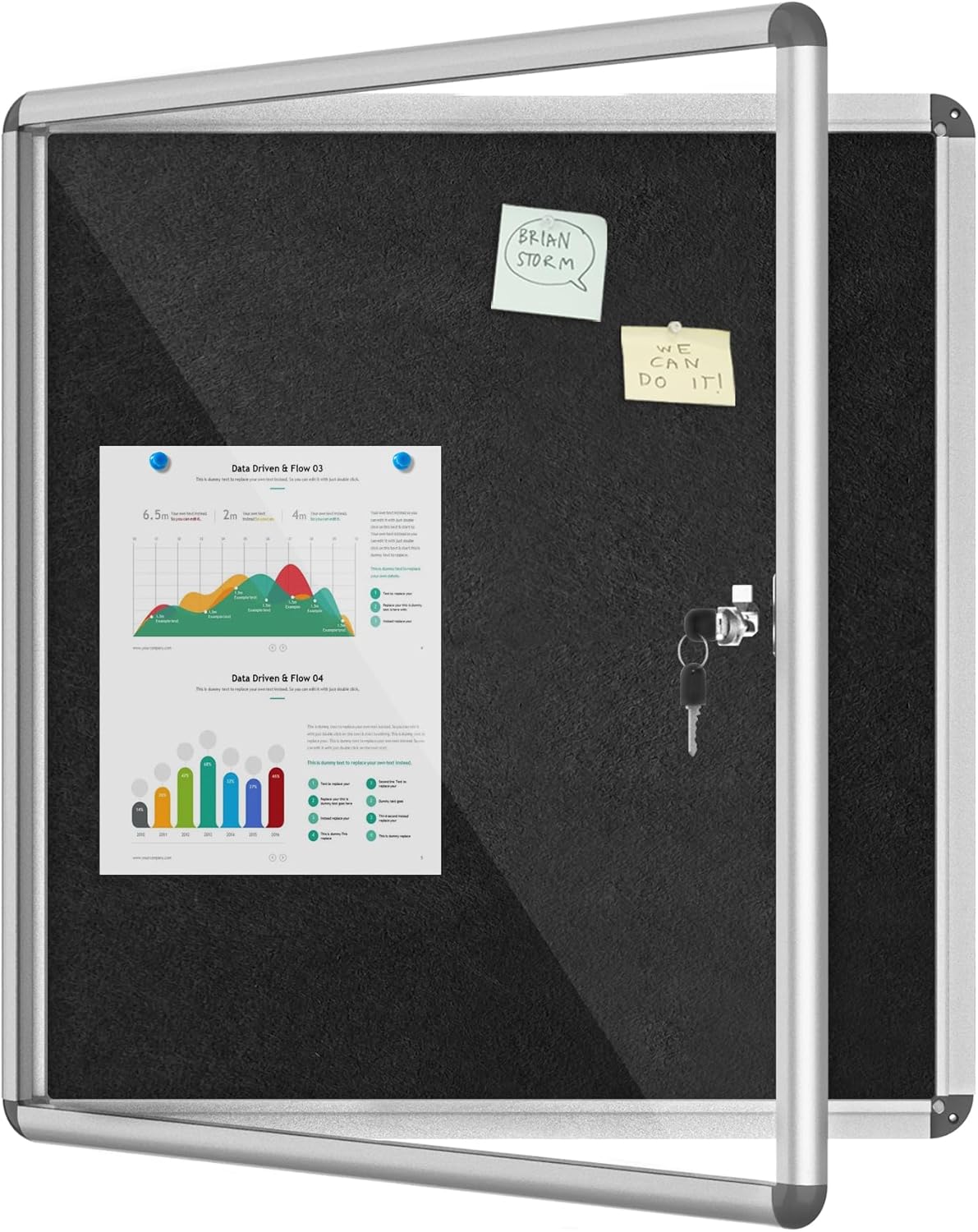 28"x26" Enclosed Bulletin Board, Lockable Weather-Resistant Aluminum Cork Noticeboard for School & Office, Silver Frame w/Black Flet