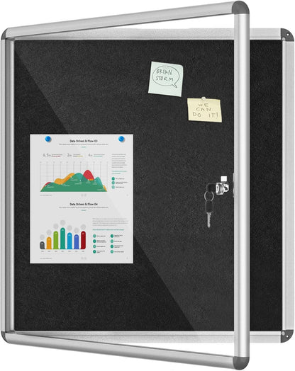 28"x26" Enclosed Bulletin Board, Lockable Weather-Resistant Aluminum Cork Noticeboard for School & Office, Silver Frame w/Black Flet