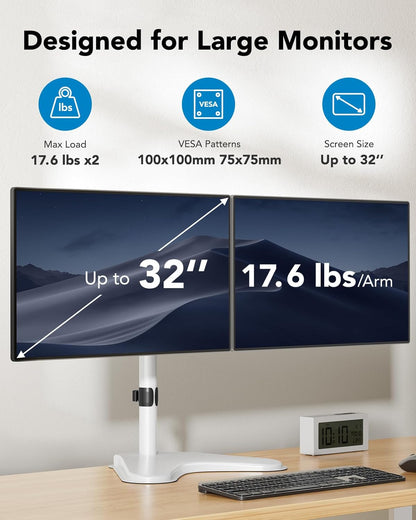 HUANUO 32 inches Dual Monitor Stand up to 17.6lbs, High-Grade Aluminum Free-Standing Dual Monitors Mount for 2 Screens. Fully Adjustable Dual Monitor Stand for Desk with Tilt, Swivel, Rotation, White
