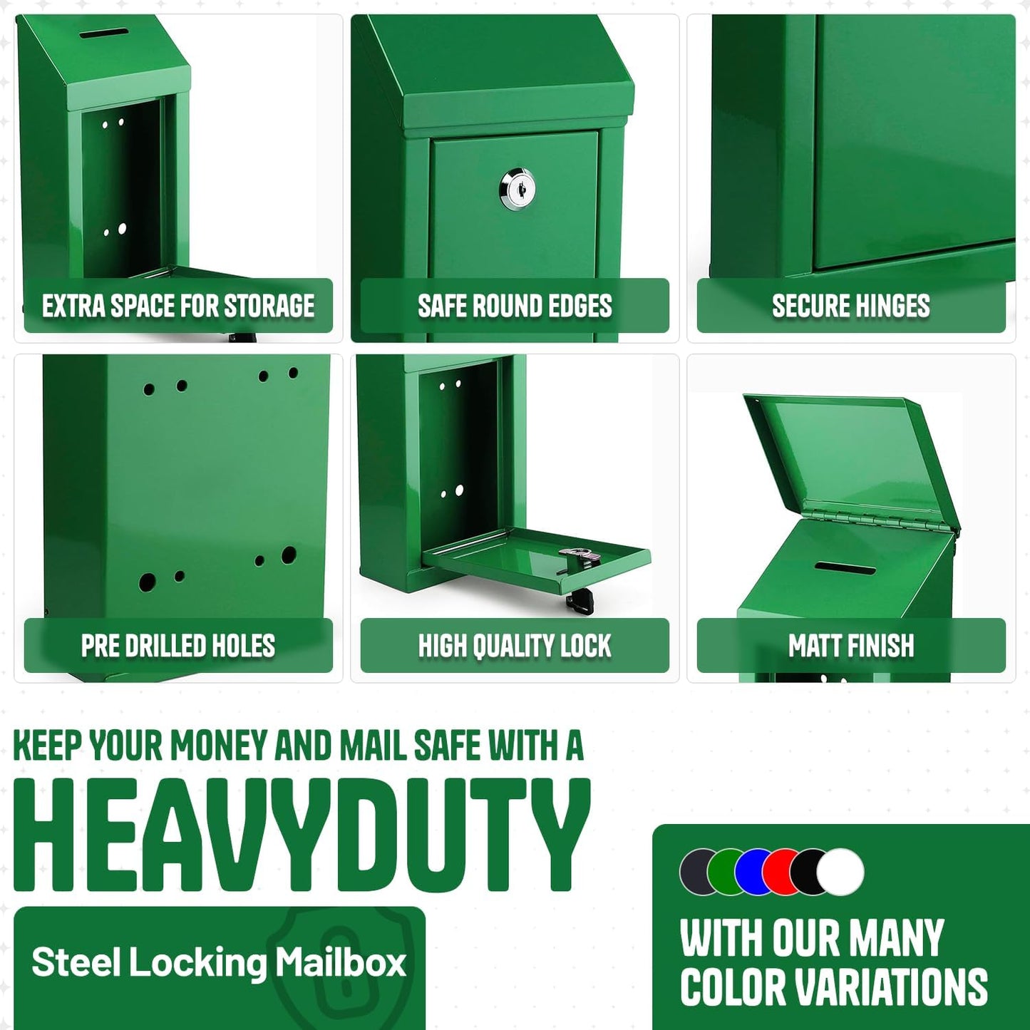 Metal Donation Box-Suggestion Box with Slot and lock-Cash Lock box for Money-Waterproof Drop Box-Comment and ballot voting box-comes with pre-drilled holes for easy wall mounting 10 X 6 X 2.5"(Green)