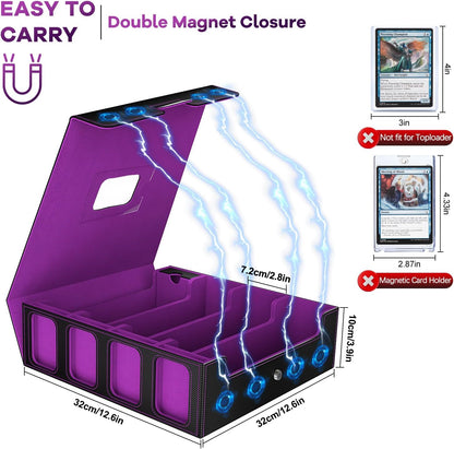 Trading Card Storage Box - 3200+ MTG Deck Box with Commander Display & Portable Handle, 4-Row Card Case Compatible for MTG/TCG/Magic Cards, 30 Colorful Divider, 8 Card Supporters (Black & Purple)
