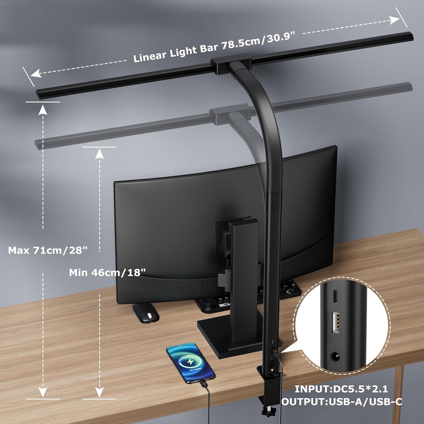 Double Head Desk Light with Clamp, LED Desk Lamp with Remote Control, Tall Double Head Desk Lamp with Clamp, 10 Brightness Modes & 10Colors, Adjustable Desk Light for Work & Study