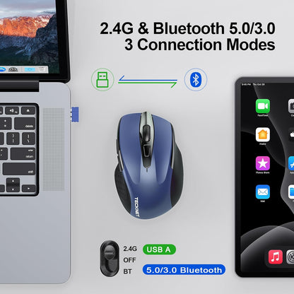 TECKNET Wireless Mouse (BT5.0/3.0 & 2.4G) Rechargeable 4800 DPI Silent USB A & Bluetooth Mouse 6 Buttons, Wide Compatibility - Blue
