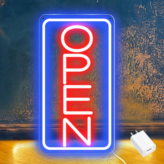 Led Neon Open Signs for Business,16.5"X 9" Open Signs, Powered by USB with ON/OFF Switch, Adjustable Bright Led Neon Open Sign for Bar Salon Coffee Stores Club Hotel (Blue/Red-Vertical)