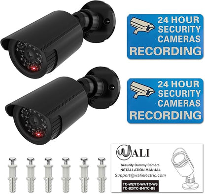 WALI Bullet Dummy Fake Surveillance Security CCTV Dome Camera Indoor Outdoor with One LED Light, Security Alert Sticker Decals (TC-B2), 2 Packs, Black