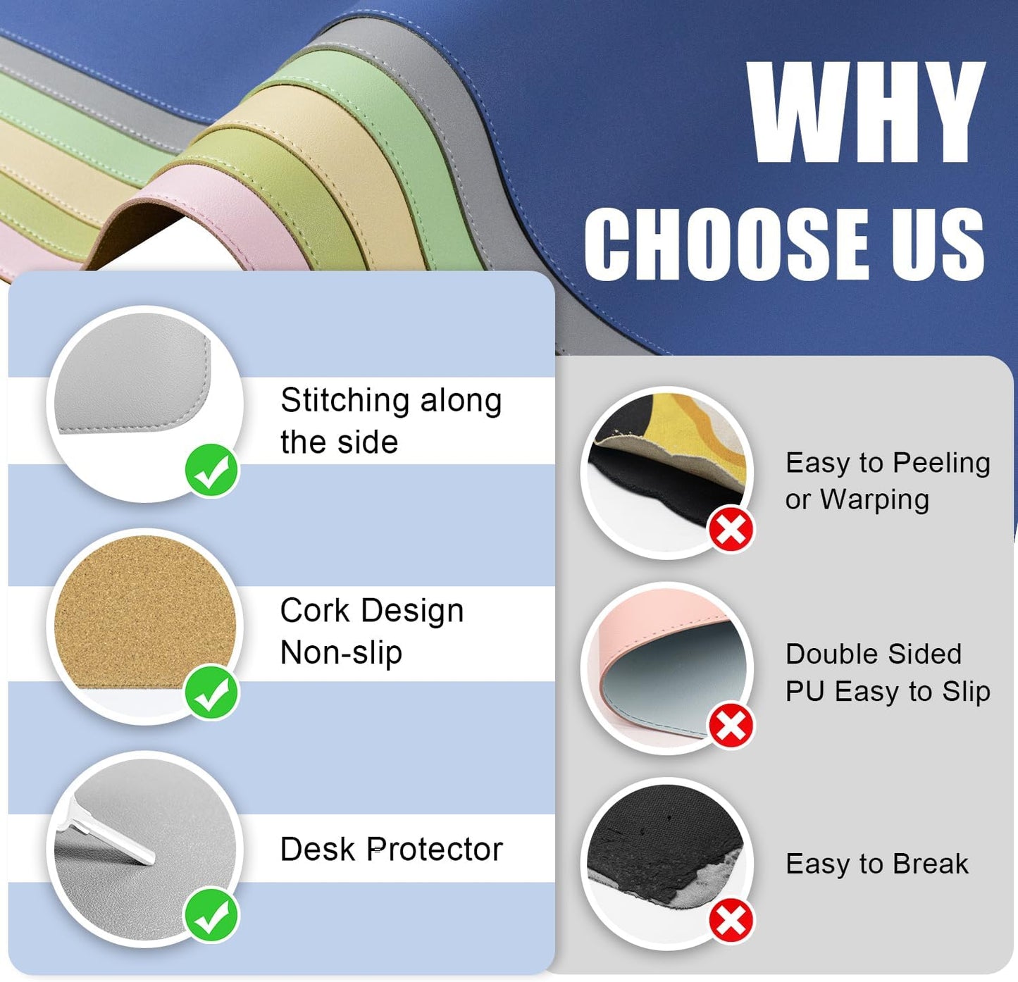 Dual-Sided Desk Pad, Natural Cork & PU Leather Mouse Pad for Desk, Desk Pad Protector, Non-Slip Desk Mat for Office and Home Work, (Light Gray, 23.6" x 13.7")