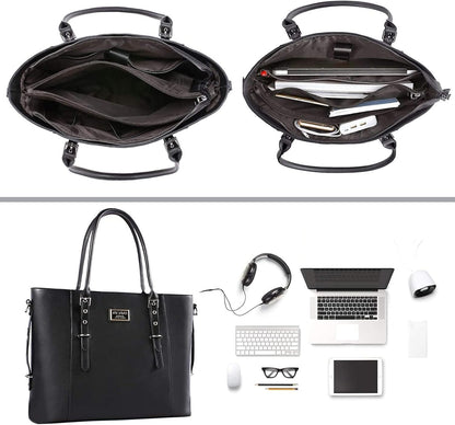 MOSISO PU Leather Laptop Tote Bag for Women, Waterproof Large Capacity Business Work Briefcase Shoulder Laptop Bag