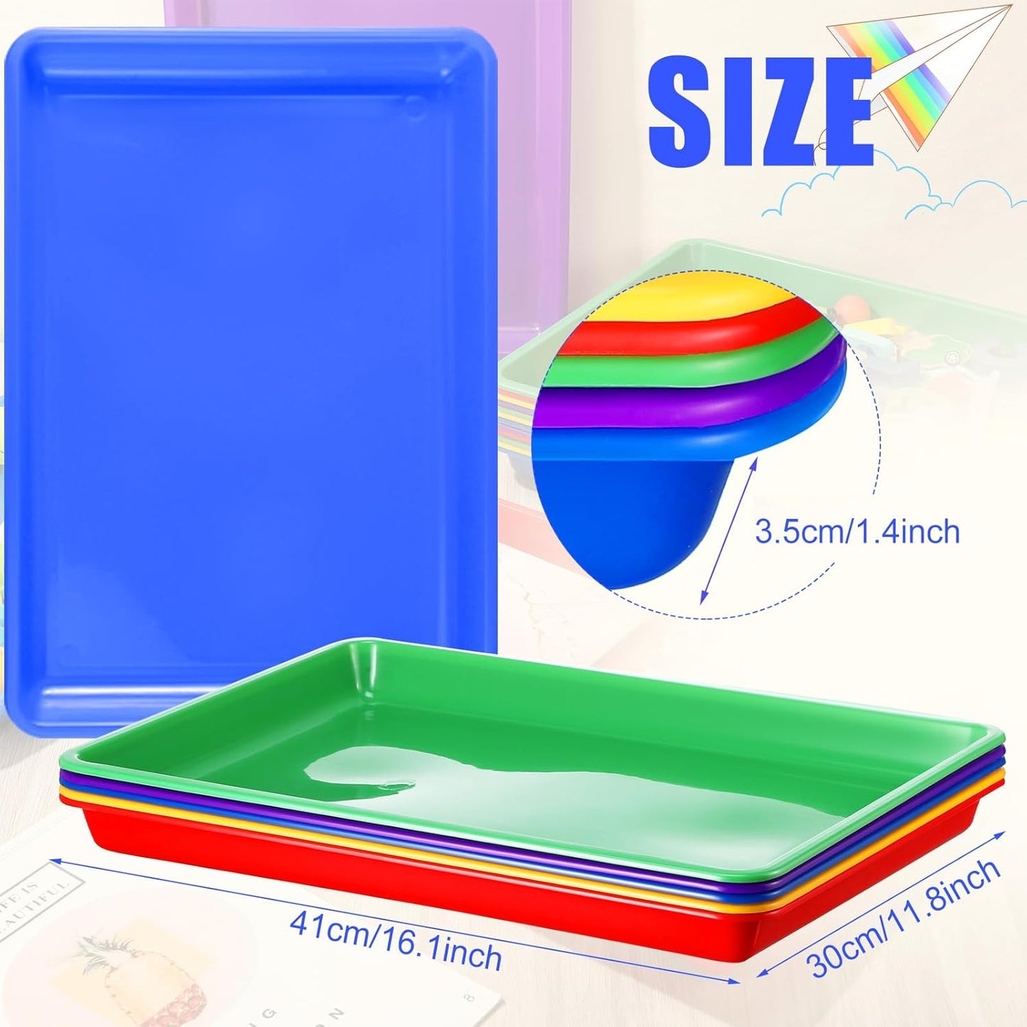 Maitys 15 Pcs Flat Plastic Trays 16.1 x 11.8'' Sensory Storage Tray Paper Stackable Classroom Bins for Office Home Organizer Arts and Crafts Supplies(Classic Color)