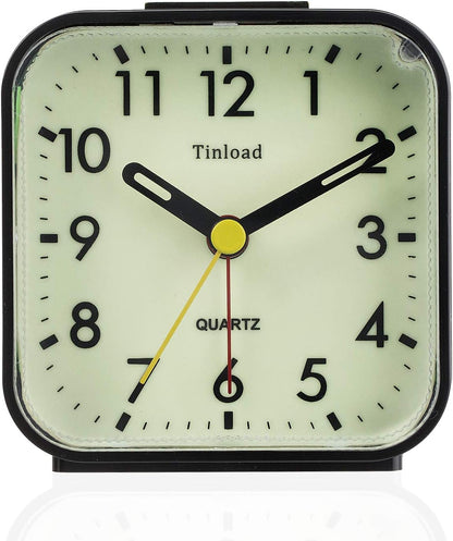 Small Battery Operated Analog Travel Alarm Clock Silent Non Ticking,Gentle Wake, Ascending Beep Sounds, Snooze,Lighted on Demand, Glow in Dark dial,Easy Set
