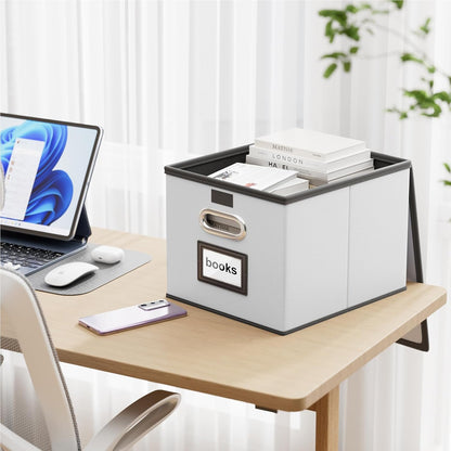 Huolewa Portable Leather File Organizer Boxes with Lids, Collapsible File Folder Organizer Boxes, Decorative Small Filing File Cabinet for Home/Office, Easily Store Documents/Hanging File Folders