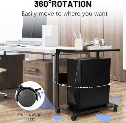 PC Stand Computer Tower Stand 2-Tier Metal CPU Holder with Locking Caster Wheels Suitable for Most PC (Black, L)