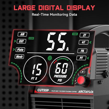 55Amps Plasma Cutter, CUT55P Non-Touch Pilot Arc Plasma Cutter Machine,110/220V Dual Voltage IGBT Inverter, Air Sensor Technology, Large Digital Display Plasma Cutting Equipment