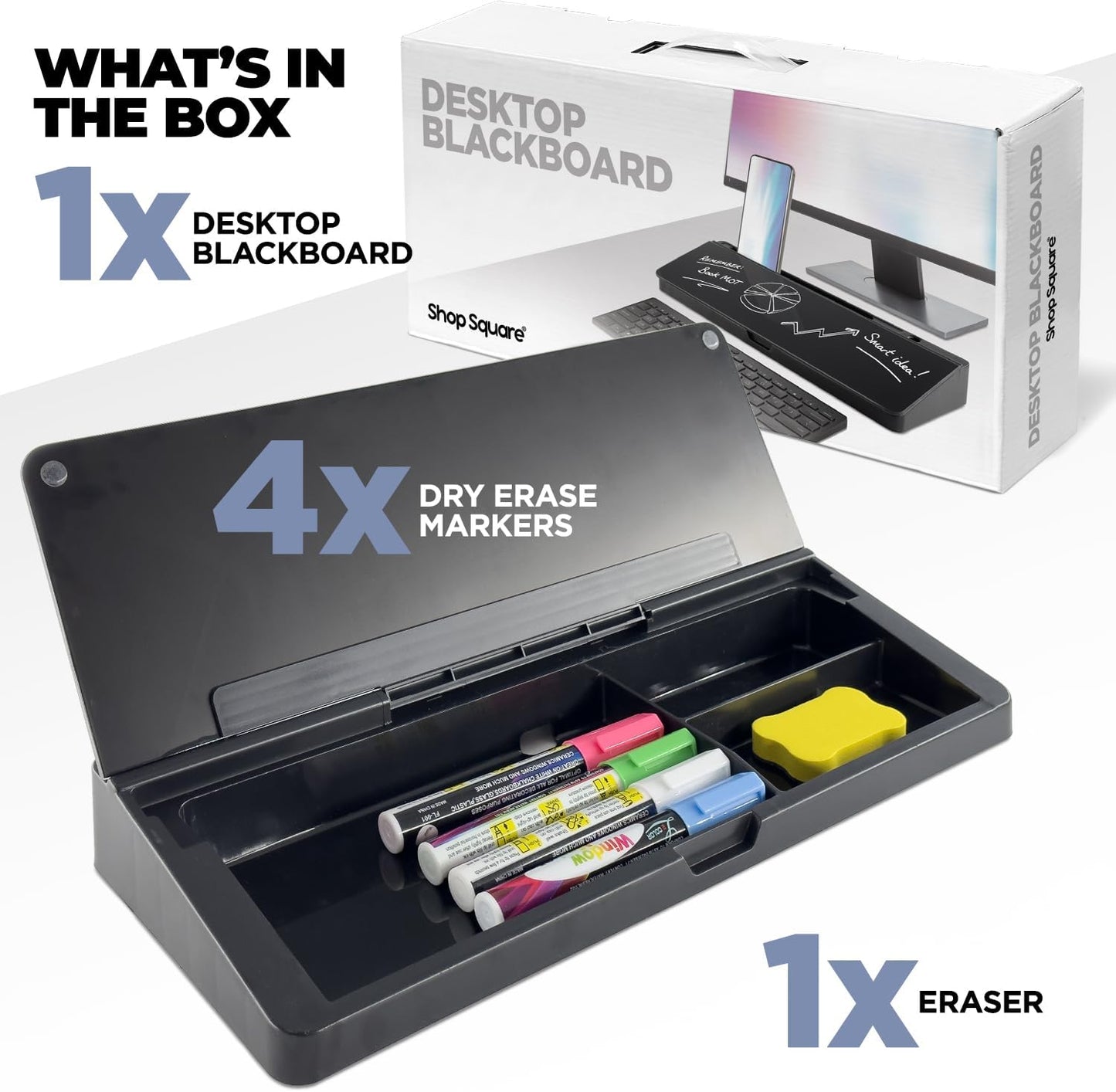 Desktop Dry Erase Board - Glass Erase Board - Black Desk Computer Buddy – Home Office & Studying Essentials - Phone & Tablet Slot, Storage Compartment - Includes 4 Markers, 1 Eraser.