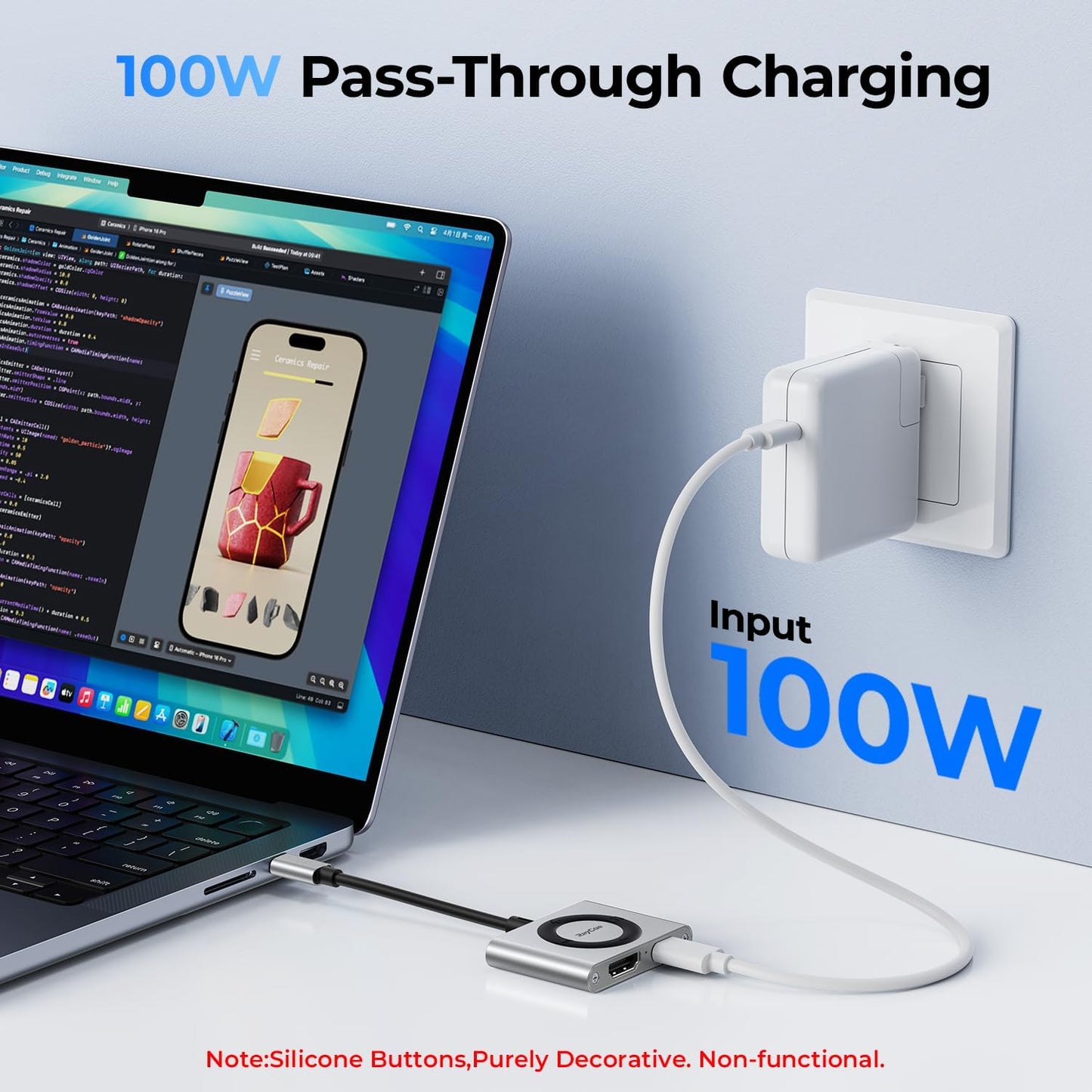 RayCue 2-in-1 USB C Hub, USB C to HDMI Adapter with HDMI 4K@60Hz & 100W PD Charging - Adapter for Laptop, MacBook, IPad (USB-C), iPhone 15/16, Tablets, Switch