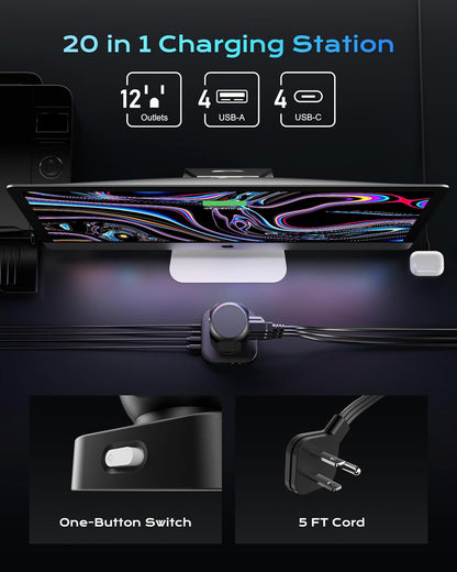 Tower Surge Protector Power Strip,12 AC Outlets & 8 USB Ports, Flat Plug 5FT Extension Cord with Multiple Outlets, 24W Outlet Extender Overload Protection for Home Office Room