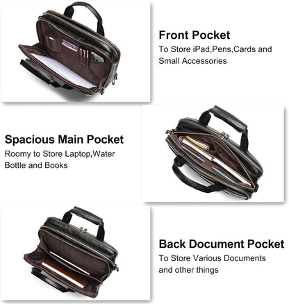 Leather Briefcases for Men 15.6 Inch Laptop Messenger Bag with Triple Compartments Water-Resistant Computer Shoulder Bag for Business, Travel, Work, Office, Black