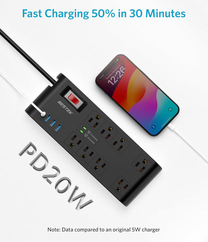 BESTEK 4,000 Joules Surge Protector with USB,6 Feet Extension Cord Power Strip with 8 AC Outlets 15A 1875W,5V 4.2A 4 USB Charging Ports Desktop Charging Station,Wide Spaced Outlet for Large Plug,Black
