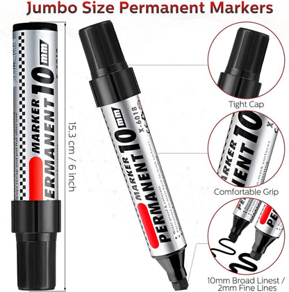 Thenshop 24 Pack Jumbo Size Permanent Markers Bulk Permanent Marker Set Chisel Tip Pens Waterproof for Industrial Use Work on Wood Metal Plastic Stone Glass(Black)
