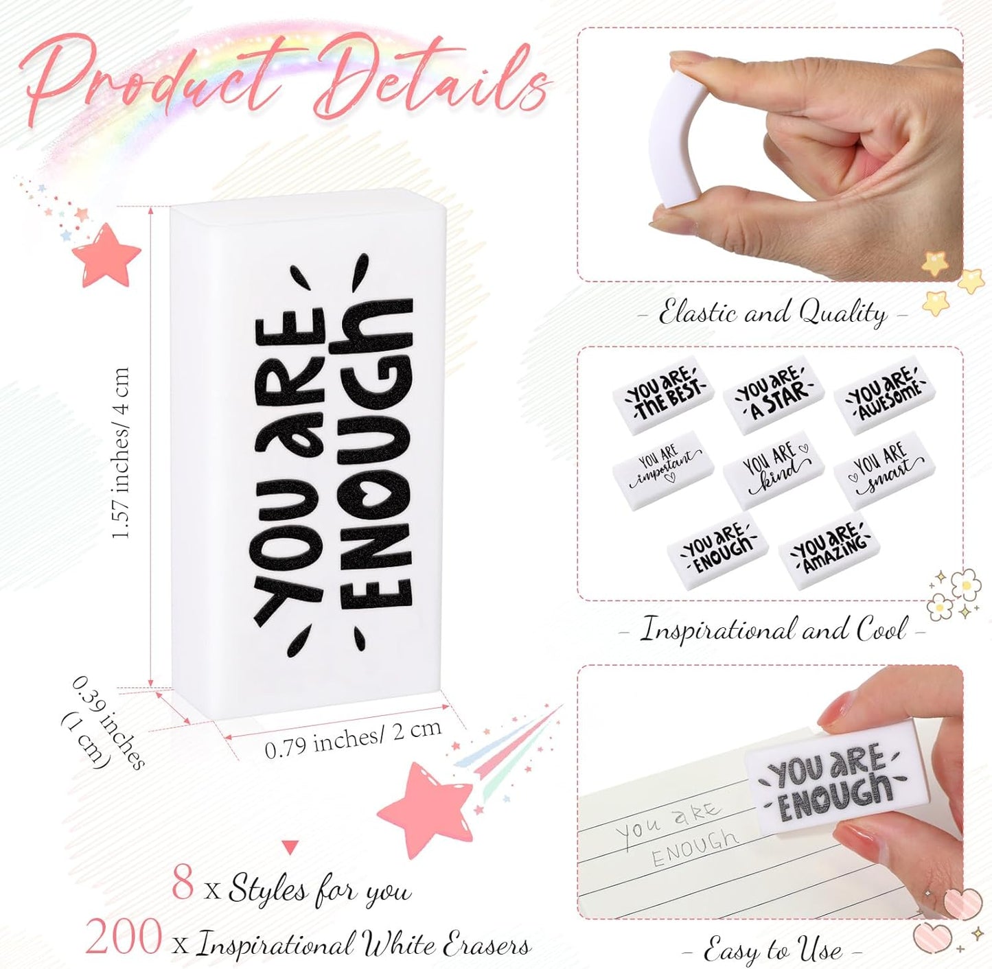 PerKoop 200 Pcs Back to School Inspirational Small Pencil Erasers Bulk for Kids, White Cute Fun Motivational Erasers Gifts for Teachers Students Classroom Reward First Day of School Supplies