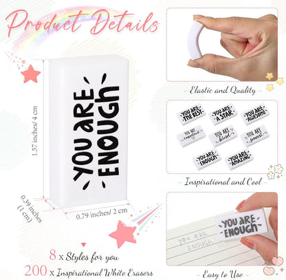 PerKoop 200 Pcs Back to School Inspirational Small Pencil Erasers Bulk for Kids, White Cute Fun Motivational Erasers Gifts for Teachers Students Classroom Reward First Day of School Supplies