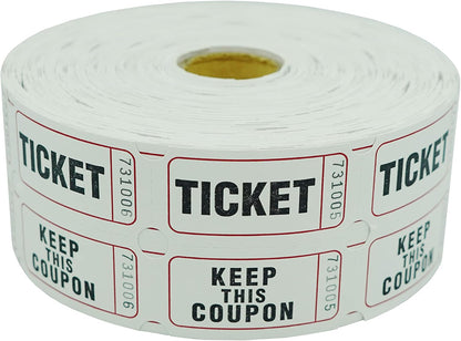 DNB 1000 Raffle Tickets - Double Roll 1000 Pairs per Roll 2 x 2 Inch 50/50 Consecutively Numbered Tickets for Entry/Events/Fundraiser/Prizes - White
