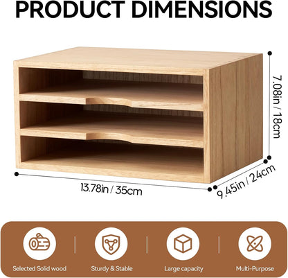 KIRIGEN Wooden Desktop Organizer Paper Storage Letter Tray File Sorter - Desk Rack Magazine File Dividers Holders for Home Office Accessories Wood Desk Cabinet with 3 Layer Trays Natural(3KWJG-NA)