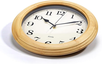 Kesin Wooden Analog Wall Clock, 11 inches Round Wall Clocks Battery Operated Silent Non-Ticking, Large Roman Numerals, Traditional Design for Kitchen Living Room Classroom Gym, Natural Grain