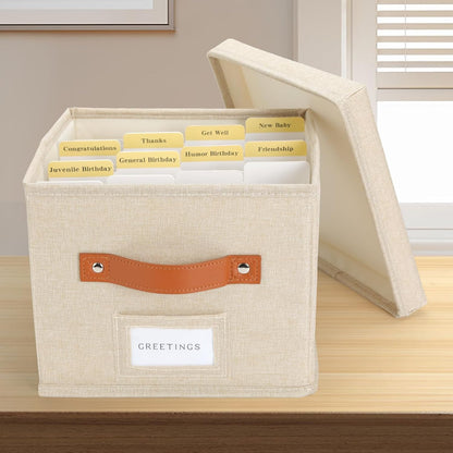 Greeting Card Organizer with dividers - Storage Box with lid Holds 150+ Cards - Assortment Box for Greeting Cards,Recipes, Photos, Envelopes, Keepsake - 9 x 9 x 7 Inches (Beige, 1 pcs)