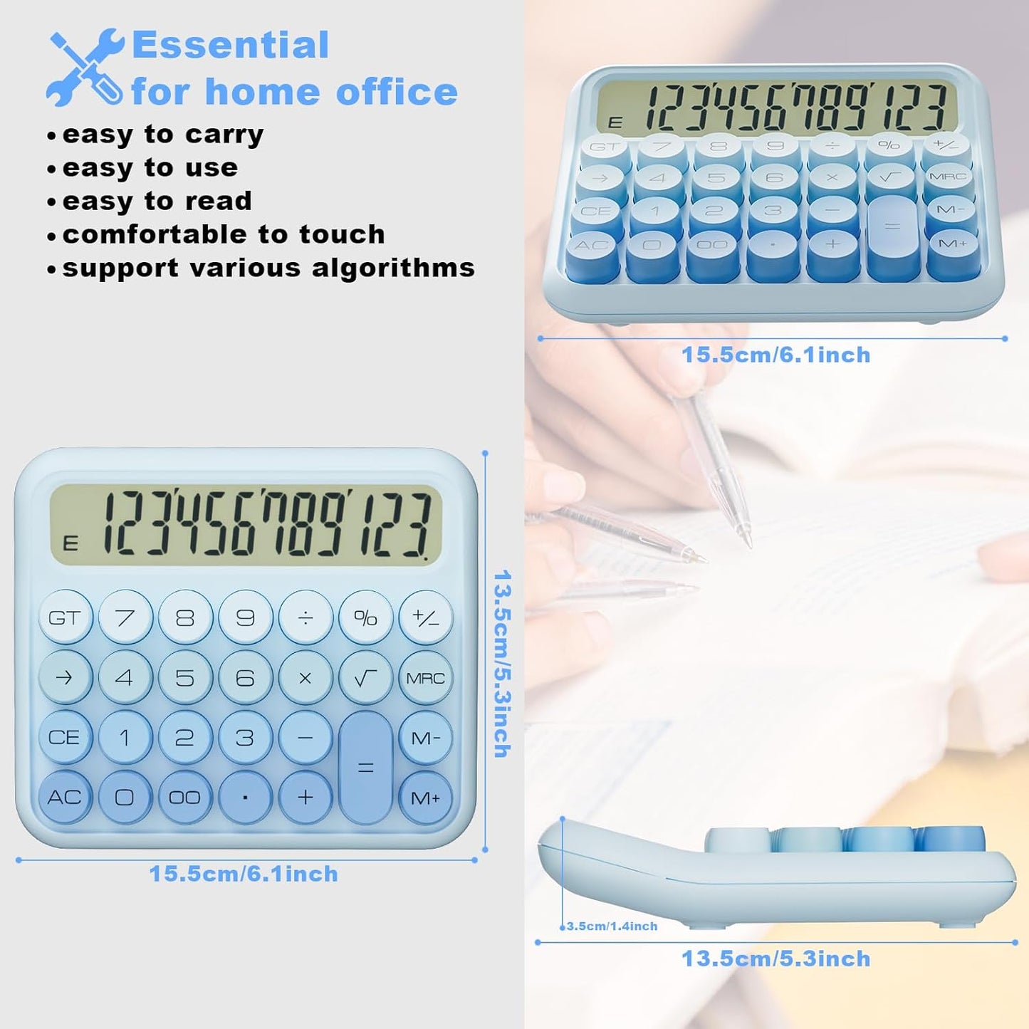Mechanical Calculator 12 Digit Extra Large 5-Inch LCD Display, DECKLIT Battery Desk Calculator, Big Buttons Easy to Press Office Calculators Desktop, 15°Tilt Screen for Kids Calculator(Ice Blue)