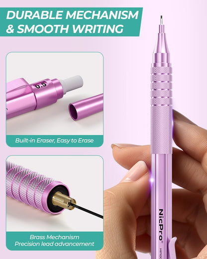 Nicpro 0.5 mm Metal Mechanical Pencil Set, 3PCS MP1000 Artist Lead Pencils With 480PCS HB 2B Lead Refills, Erasers, Aesthetic School Supplies for Girls & Women Teacher Writing Drawing Sketching