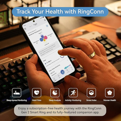 RingConn Gen 2, World’s First Smart Ring with Sleep Apnea Monitoring, No APP Subscription, 12-Day Battery Life, Stress/Heart Rate/Women's Health Tracker, Android & iOS Compatible (Gold, Size 12)