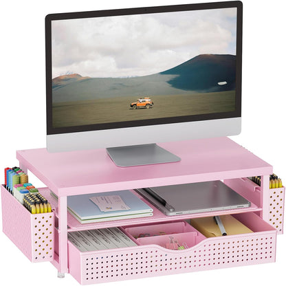 gianotter Wood Monitor Stand Riser, Desk Organizer with Drawer and 2 Pen Holders, 2-Tier Workspace Organizer for Office Supplies(Pink Wood)