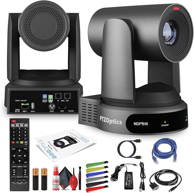 PTZOptics Move 4K SDI/HDMI/USB/IP PTZ Camera with 30x Optical Zoom (Gray) (PT30X-4K-GY-G3) + Lens Cleaning Kit + HDMI Cable + Ethernet Cable + Color Wire Ties