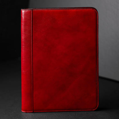 Time Resistance Leather Portfolio - A4 Document Folder - Italian Handcrafted Padfolio Organizer (Red) - Gift Box Included